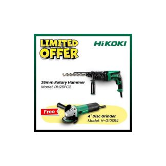 【COMBO 1】 Hikoki 26mm Rotary Hammer (3 mode) | Model: DH26PC2 + FREE Hikoki 4" Disc Grinder 730W (Side Switch) | Model: G10SR4
