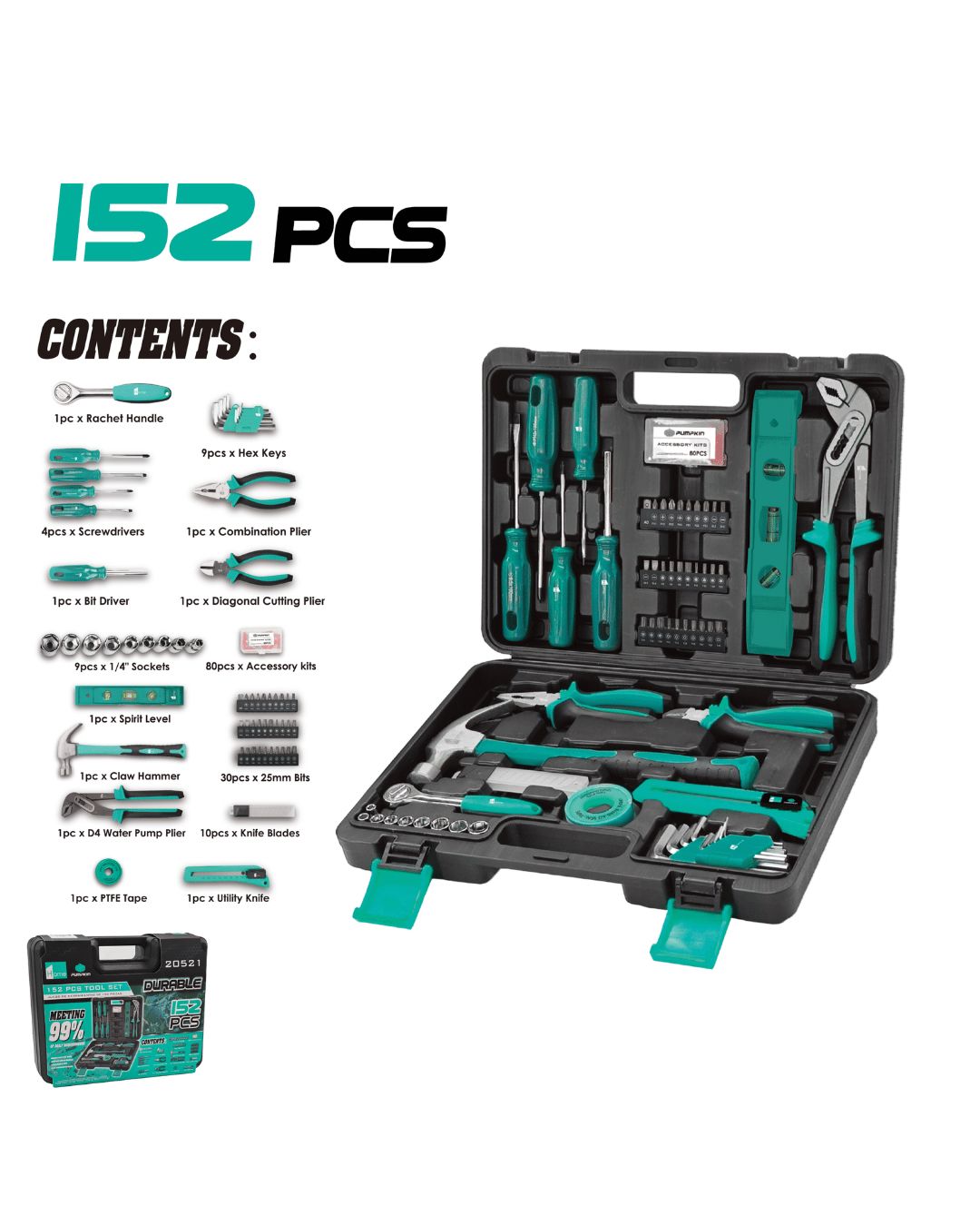 Pumpkin Home 152pcs Multi-Purpose Tool Set DIY Homekit with Toolbox | Model: MTC20521