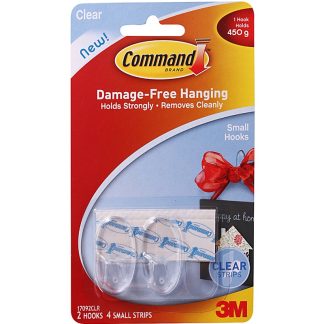 3M COMMAND SMALL CLEAR HOOKS 2 HOOKS,4 CLEAR STRIPS 17092CLR