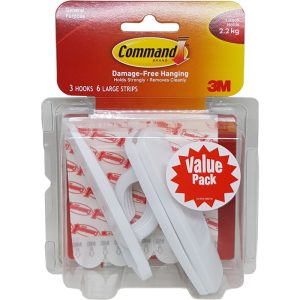 3M COMMAND WHITE LARGE HOOKS 3HOOK,6STRIP - 17003VP (3M-49416)