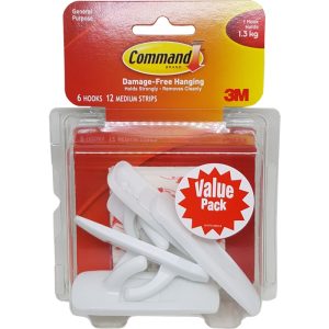 3M COMMAND WHITE MEDIUM HOOKS 6HOOK,12STRIP - 17001VP