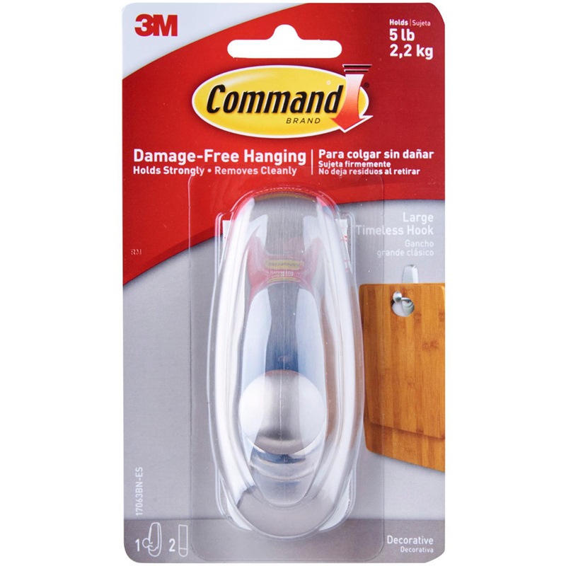 3M COMMAND TIMELESS LARGE BRUSHED NICKEL HOOK 1 HOOK,2 STRIP 17063BN
