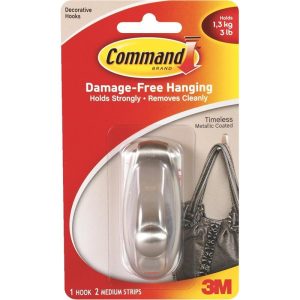 3M COMMAND TIMELESS MEDIUM BRUSHED NICKEL HOOK 1 HOOK,2 STRIP 17061BN