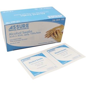 ASSURE SWAB ALCOHOL STERILE 3CMX3CM,2PLY 100'S/BOX 7M004100