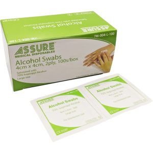 ASSURE SWAB ALCOHOL STERILE 4CMX4CM,2PLY 100'S/BOX 7M004L100
