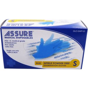 ASSURE DISPOSABLE NITRILE POWDERED FREE GLOVES BLUE (100PC/BOX) GLO-SNPF