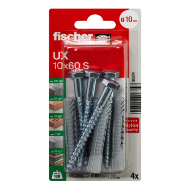 FISCHER COACH SCREW WITH PLUG 10MM X 60MM X 4PPP 090874