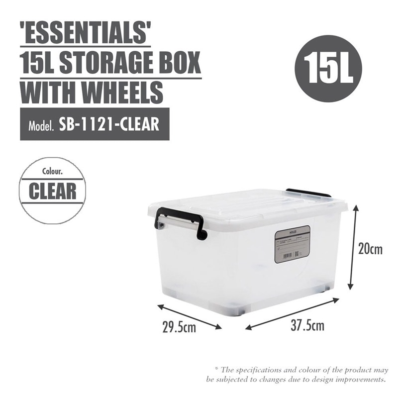 HOUZE ESSENTIALS 15L STACKABLE STORAGE BOX WITH WHEELS SB-1121-CLEAR