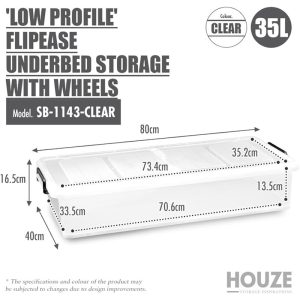 HOUZE 35L FLIPEASE UNDERBED STORAGE /W WHEELS (CLEAR) SB-1143-CLEAR