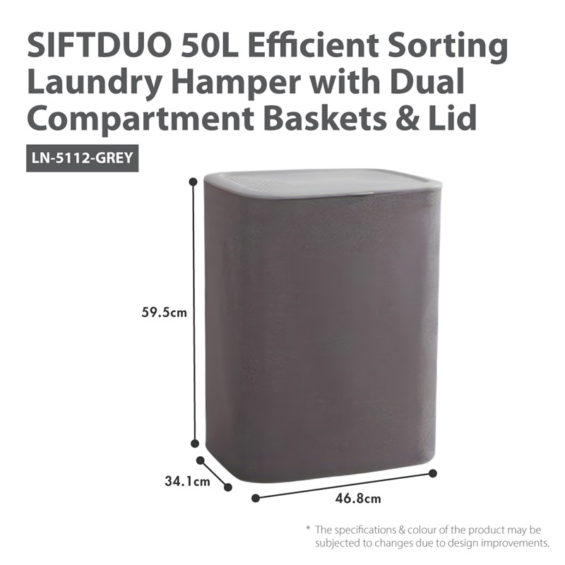 HOUZE SIFTDUO 50L EFFICIENT SORTING LAUNDRY HAMPER LN-5112-GREY