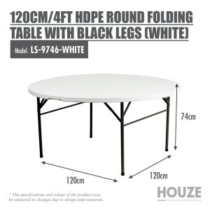 HOUZE 122CM/4FT HDPE ROUND FOLDING TABLE WITH BLACK LEGS LS-9746-WHITE