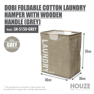 HOUZE DOBI FOLDABLE COTTON LAUNDRY HAMPER WITH WOODEN HANDLE LN-5150-GREY