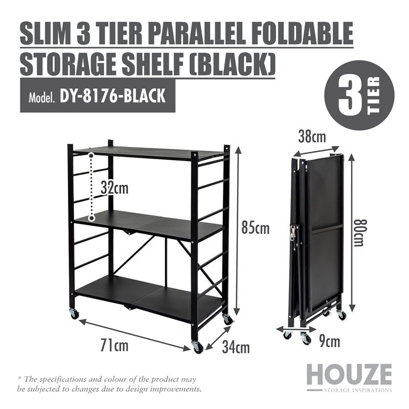 HOUZE SLIM 3 TIER PARALLEL FOLDABLE STORAGE SHELF DY-8176