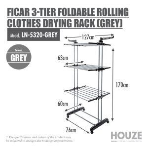 HOUZE FICAR 3-TIER FOLDABLE ROLLING CLOTHES DRYING RACK LN-5320-GREY