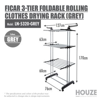 HOUZE FICAR 3-TIER FOLDABLE ROLLING CLOTHES DRYING RACK LN-5320-GREY
