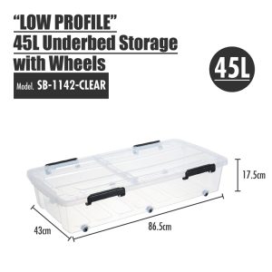 HOUZE 45L LOW PROFILE UNDERBED STORAGE WITH WHEELS SB-1142-CLEAR