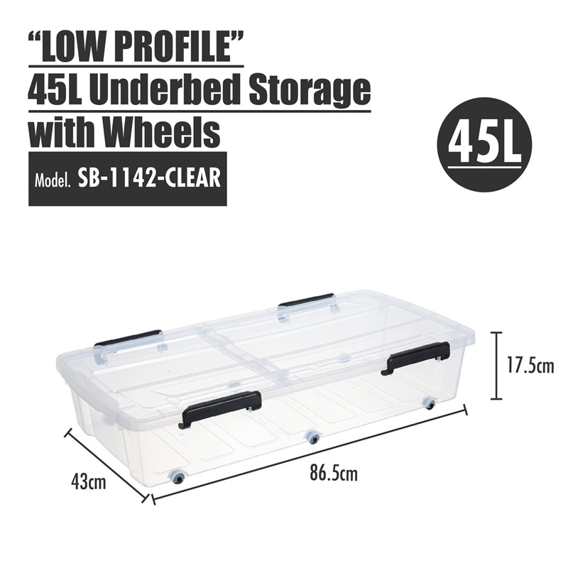 HOUZE 45L LOW PROFILE UNDERBED STORAGE WITH WHEELS SB-1142-CLEAR