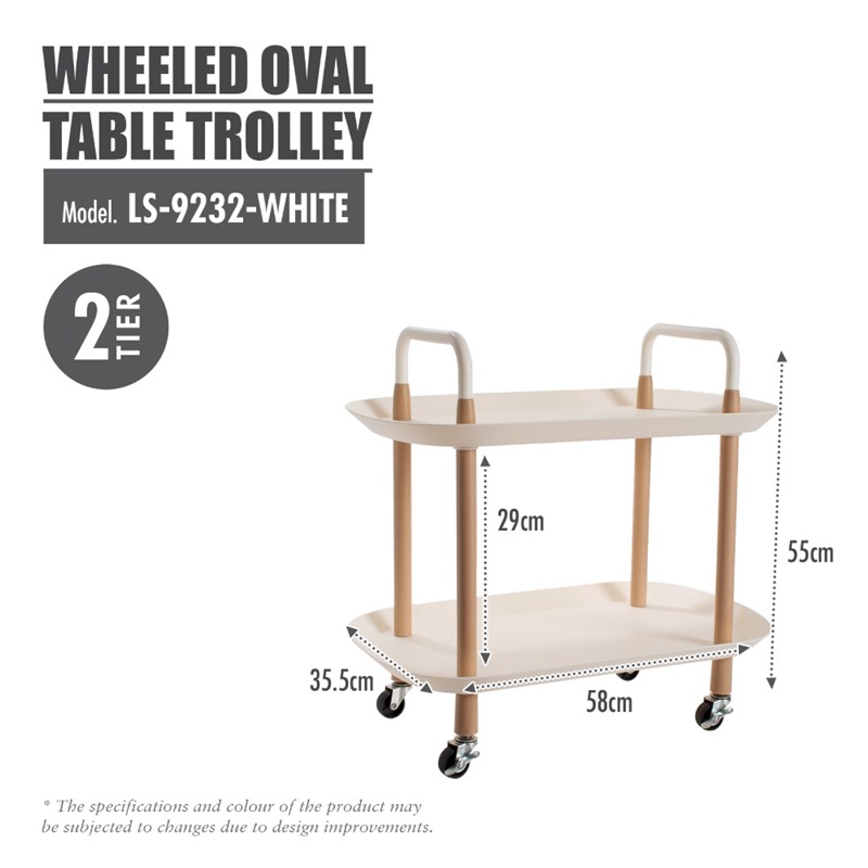 HOUZE 2 TIER WHEELED OVAL TABLE TROLLEY (WHITE) LS-9232-WHITE