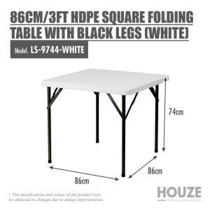 HOUZE HDPE SQUARE FOLDING TABLE WITH BLACK LEGS LS-9744-WHITE