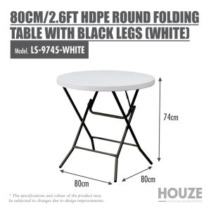 HOUZE 80CM/2.6FT HDPE ROUND FOLDING TABLE WITH BLACK LEGS LS-9745-WHITE