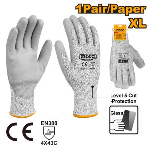 INGCO PU COATED PALM HPPE SHELL CUT RESISTANT GLOVE SIZE XL HGCG02XL