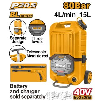 INGCO 40V (2X20) BRUSHLESS LI-ION HIGH PRESSURE WASHER 80 BAR CPWLI4006 (BARE UNIT)