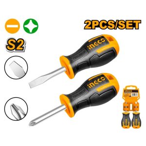 INGCO 2PCS STUBBY MAGNETIC TIP SCREWDRIVER SET (-) & (+) 38MM HKSDS2028