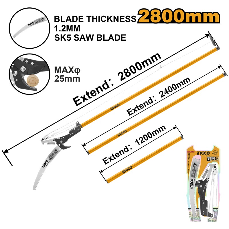 INGCO EXTENDABLE PRUNING CUTTER & POLE SAW MAX. HEIGHT 2.80M HEPS25281