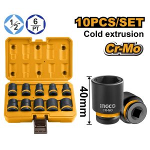 INGCO 10PCS 1/2" DR. CR-MO STANDARD IMPACT SOCKET SET 10-24MM HKISSD12101