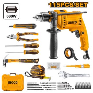 INGCO IMPACT DRILL 680W & 115PCS HAND TOOL KIT HKTHP11151