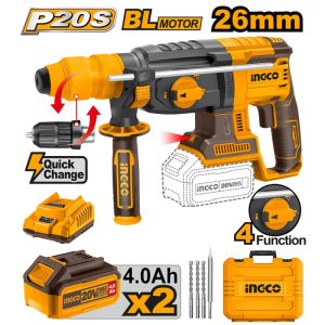 INGCO 20V 2X4.0AH LI-ION BRUSHLESS ROTARY HAMMER WITH BITS+CASE CRHLI202289