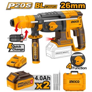 INGCO 20V 2X4.0AH LI-ION BRUSHLESS ROTARY HAMMER WITH BITS+CASE CRHLI202289
