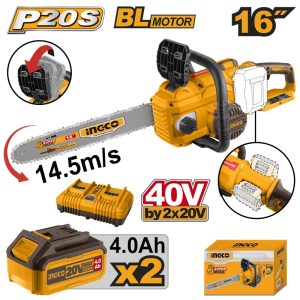INGCO 40V(2X20VX4.0AH) BRUSHLESS CHAIN SAW 16" 400MM+DUAL PORT CHARGER CGSLI401682