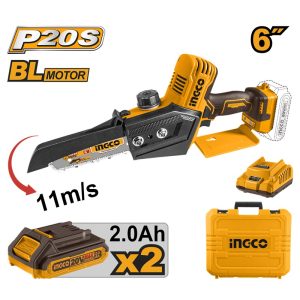INGCO 20V BRUSHLESS MINI CHAIN SAW 6" 150MM 2X2.0AH CHARGER CGSLI20686