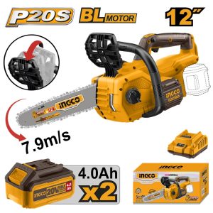 INGCO 20V BRUSHLESS CHAIN SAW 12" 300MM 2X4.0AH CHARGER CGSLI201286