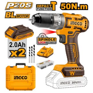 INGCO 20V 2X2.0AH LI-ION BRUSHLESS IMPACT DRILL 50NM, CIDLI20508
