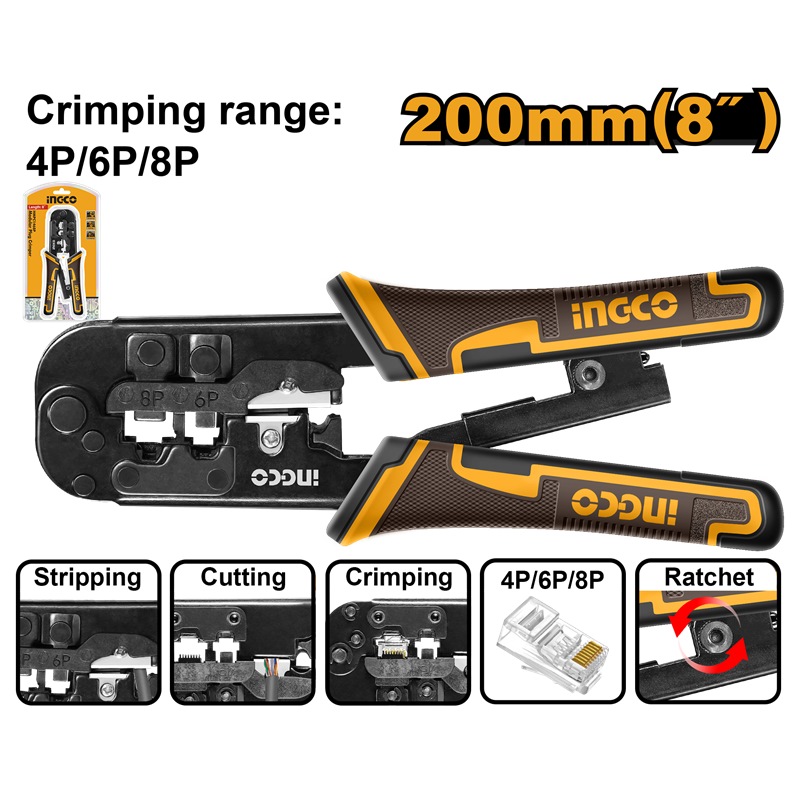 INGCO MODULE PLUG CRIMMPER 8"200MM RANGE 4P,6P&8P HMPCN2468R