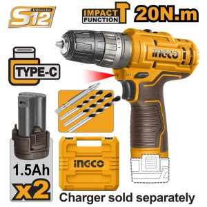 INGCO 12V 2X1.5AH LI-ION IMPACT DRILL (NO USB CHARGER) CIDLI12202