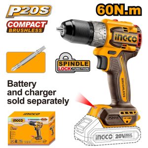 INGCO 20V COMPACT BRUSHLESS DRILL 60NM CDLI206021 (BARE UNIT)