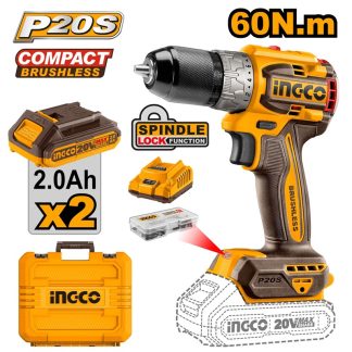 INGCO 20V COMPACT BRUSHLESS DRILL 60NM 2X2.0AH & CHARGER CDLI20602