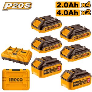 INGCO 20V 6PC BATTERY KIT 4X2.0, 2X4.0, 2 PORT CHARGER + CASE COSLI230701