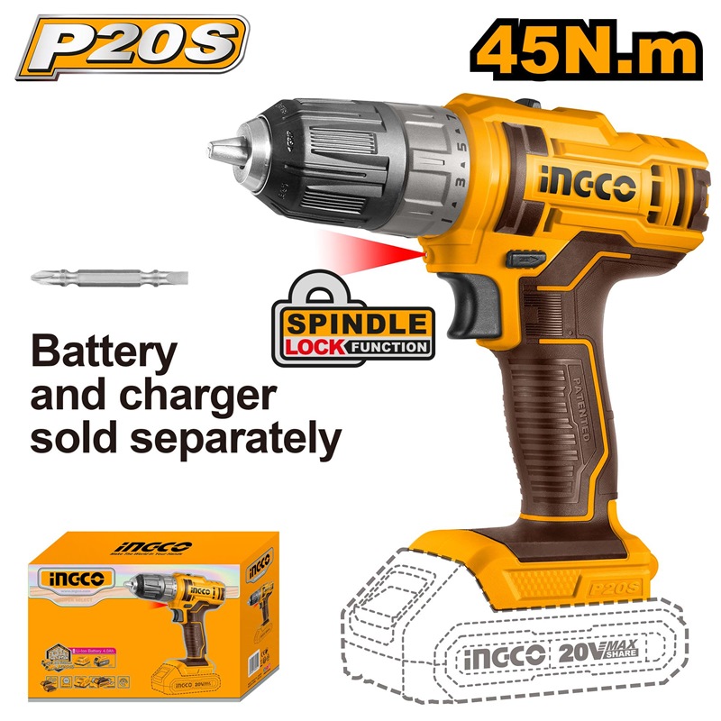 INGCO 20V LI-ION DRILL 45NM CDLI200515 (BARE UNIT)