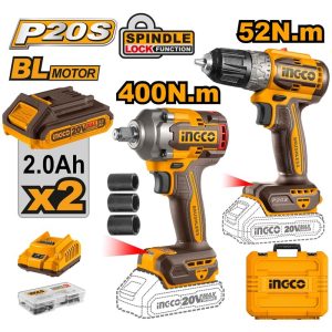 INGCO 20V IMPACT WRENCH 400NM+DRILL DRIVER COMBO 2X2.0AH+CHARGER CKLI20271