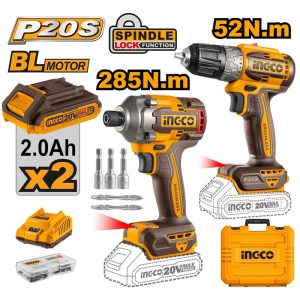 INGCO 20V IMPACT DRIVER 285NM+DRILL DRIVER COMBO 2X2.0AH+CHARGER CKLI20272