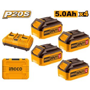 INGCO 20V POWER SOURCE KIT 4 X 5.0AH + DUAL PORT CHARGER & CASE FBCLI20245