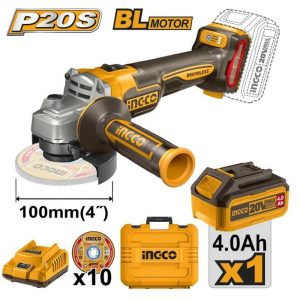 INGCO 20V 1X4.0AH LI-ION 100MM BRUSHLESS ANGLE GRINDER CAGLI211041