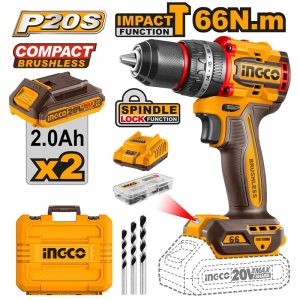 INGCO 20V 2X 2.0AH LI-ION BRUSHLESS IMPACT DRILL CIDLI20668