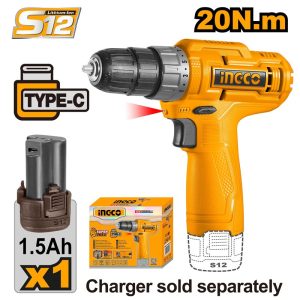 INGCO 12V 1X1.5AH LI-ION DRILL (NO USB CHARGER) CDLI12428