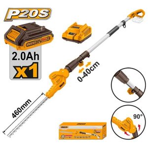 INGCO 20V POLE HEDGE TRIMMER 460MM, UP TO 2.4M 1X2.0BAT+CHARGER CPHT2016012
