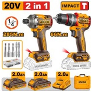 INGCO 20V IMPACT DRILL+ IMPACT DRIVER 285NM 2X2.0, CHARGER+CASE CKLI20277